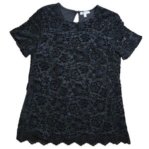 TEDDI ROSE Black Floral Lace Overlay Short Sleeve Keyhole Top Women's Size L